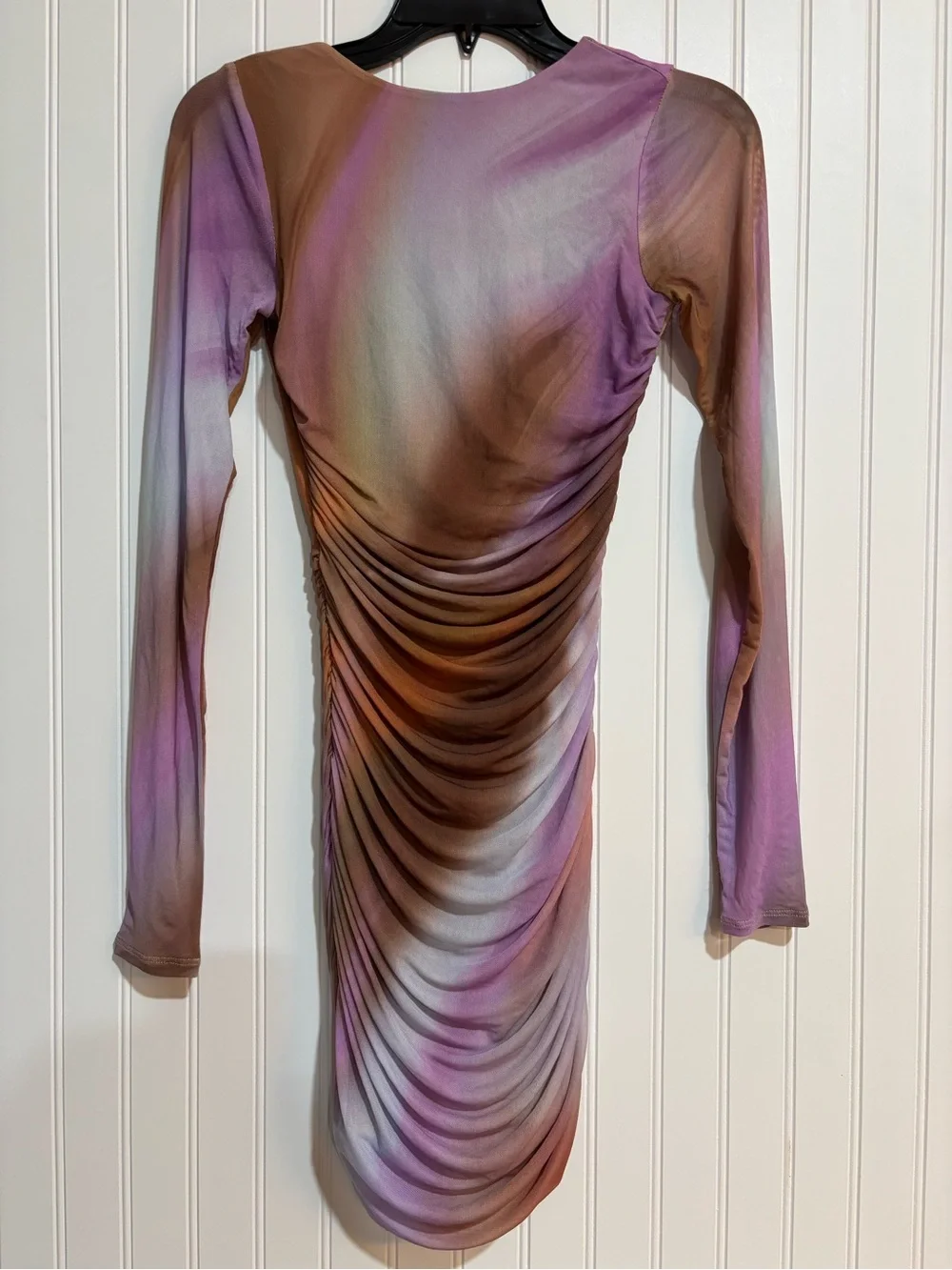 AFRM Tie-Dye Ruched Long-Sleeve Mini Dress - Pink & Brown - Picture 5 of 7